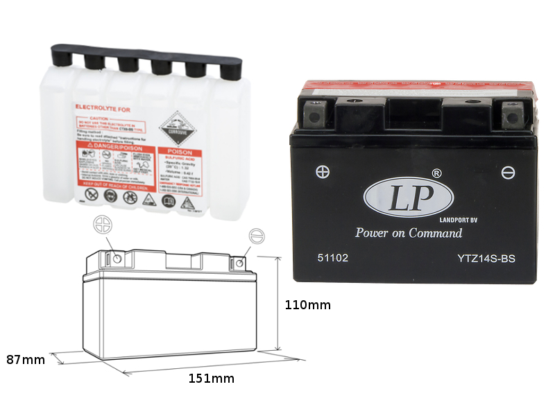 LANDPORT akumulátor YTZ14S-BS (MA LTZ14S-BS) 12V 12AH 150X87X110 (GTZ14S) bezúdržbový - elektrolyt zvlášť (4) UE48